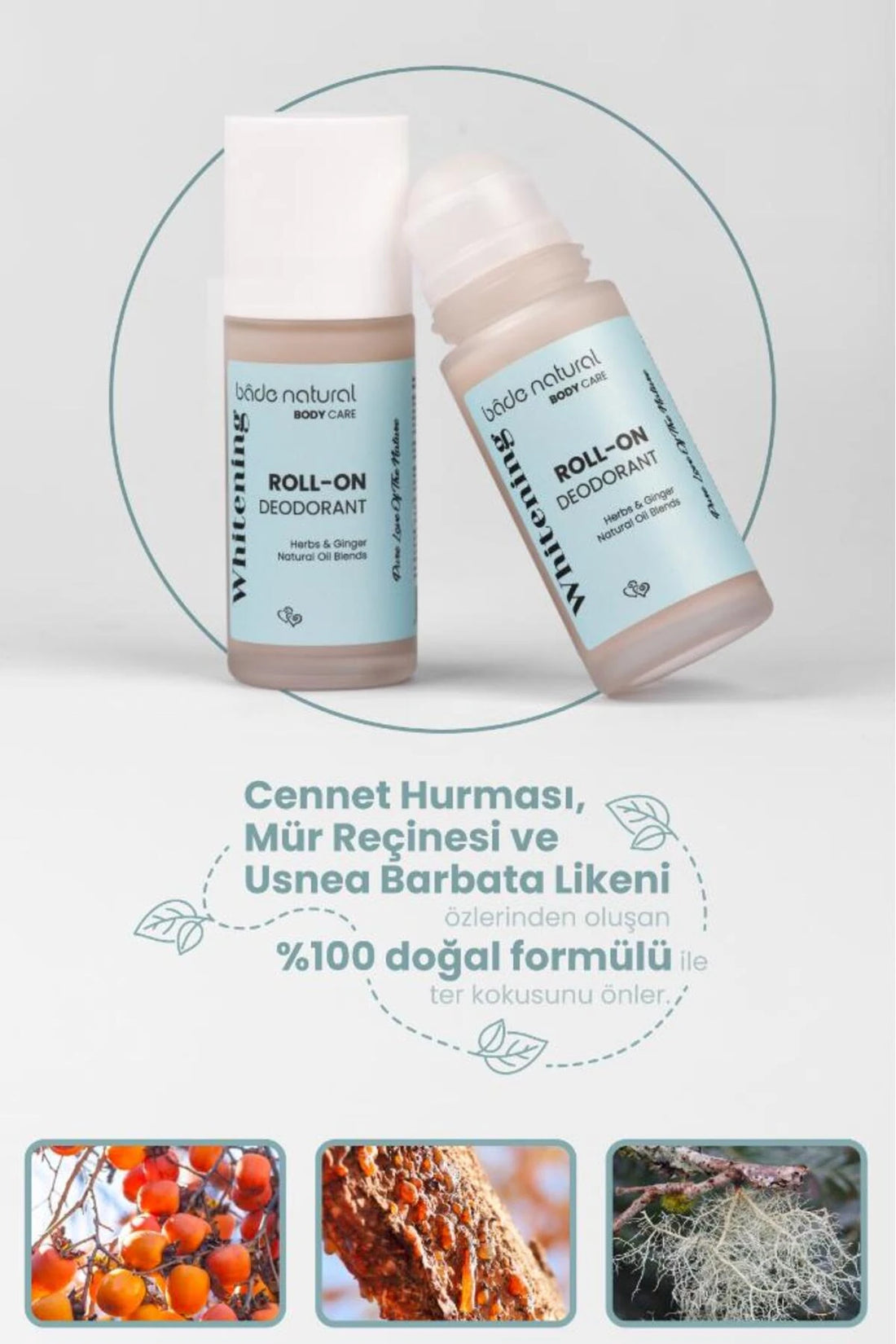 Natuurlijke roll-on deodorant, witmakend, anti-zweetgeur voor de oksels, 100% natuurlijk en vegan, 50 ml