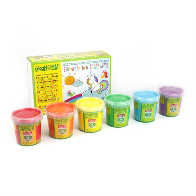 Kinderverf set met 6 kleuren "Unicorn" - rood, oranje, geel, groen, cyaan, violet.